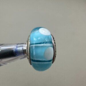 Blue White Circle Murano Glass Bead - Fits most Pandora or Troll Style Bracelet